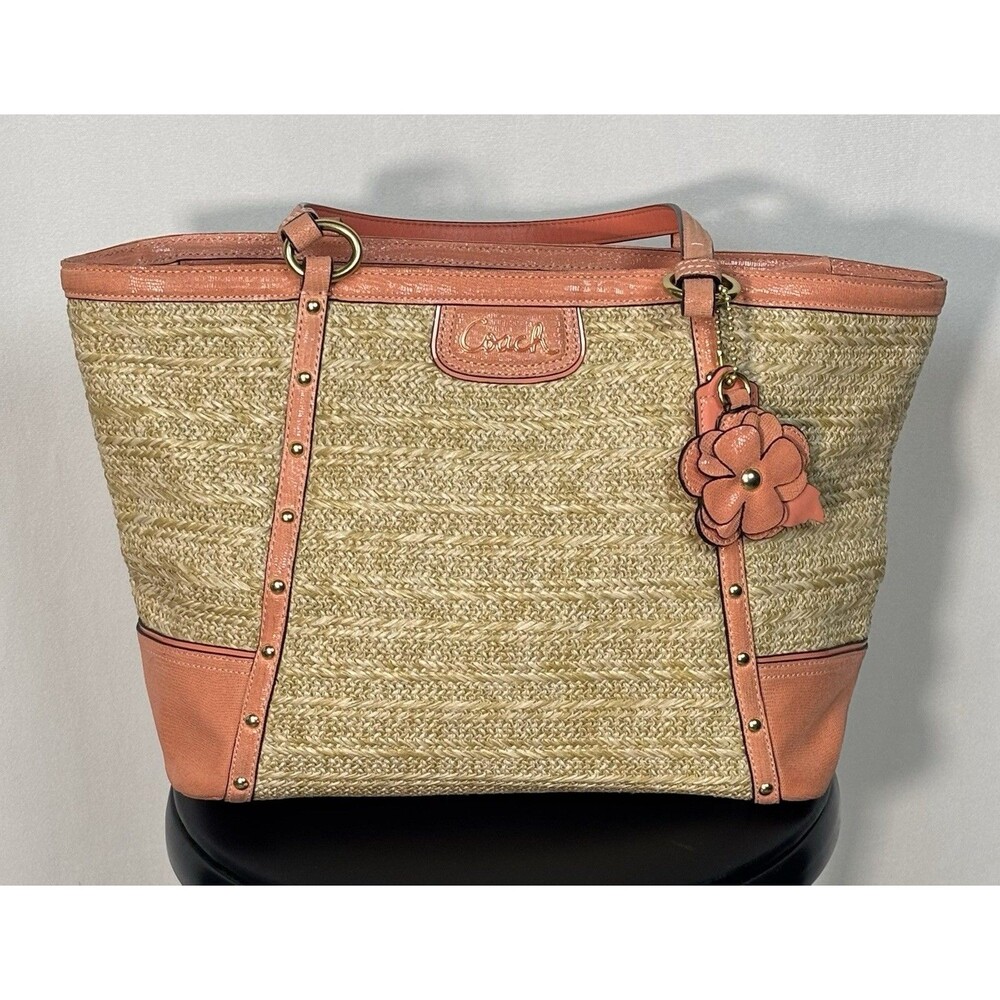 Coach Alexandra Straw Studded Tote Bag In Natural/Coral Peach F21959 - Picture 2 of 12